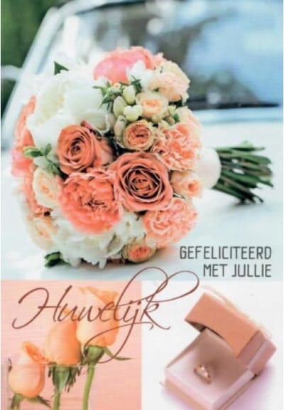 Gefeliciteerd met jullie huwelijk! Een bijzondere kaart met een afbeelding van een trouwring en een grote bos bloemen op de auto. Leuk om zo te geven of om bij een cadeau te voegen. Een dubbele wenskaart inclusief envelop en in folie verpakt.