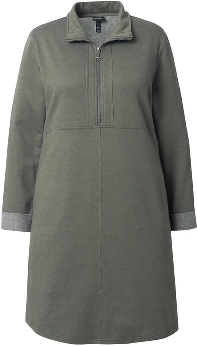 Ulla Popken - Dames - Sweatjurk troyerkraag A-lijn lange mouwen zakken - Olijfgrijs - Maat 46+