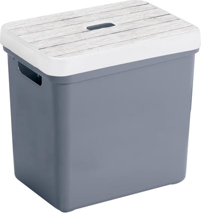 Sunware Opbergbox - mand - donkerblauw - 25 Liter - kunststof - met houtkleur deksel - opslag kist - 35 x 25 x 36 cm