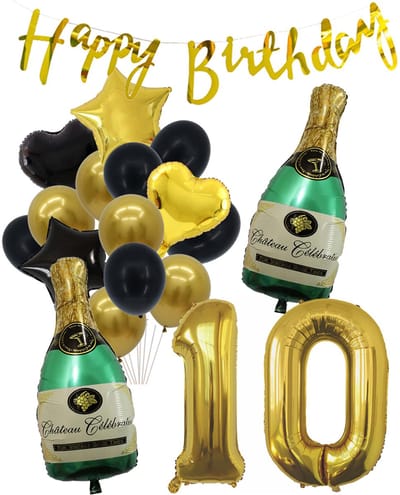 10 Jaar Verjaardag Cijferballon 10 - Feestpakket Snoes Ballonnen Pop The Bottles - Zwart Goud Groen Versiering