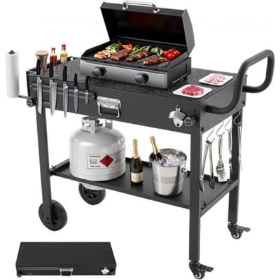 VEVOR Outdoor Grillwagen 787x432 mm (tafelbladformaat), opklapbare grilltafel met tissuehouder, wielen en magnetische gereedschapsbak, grillvoorbereidingstafel/serveerwagen voor picknickkeuken