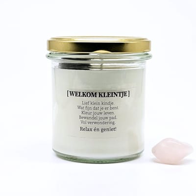 Candlelight-on - geboorte kaars met edelsteen - Welkom kleintje - meisje - o.b.v. sojawas en etherische oliën