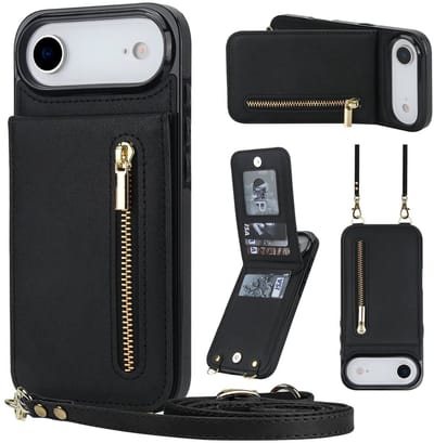 Multimedia & Accessoires Stijlvolle Leren Fashion Backcover Case Hoesje met Koord, Stand Ritsvak en Pasjeshouders geschikt voor Apple iPhone Air - Zwart