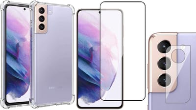 Hoesje geschikt voor Samsung Galaxy S21 FE - Anti Shock Proof Siliconen Back Cover Case Hoes Transparant - Full Tempered Glass Screenprotector - Camera Lens Protector