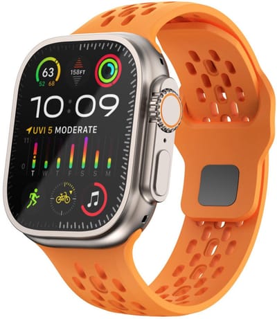 Siliconen bandje - geschikt voor Apple Watch 1/2/3/4/5/6/7/8/9/10/11/ SE (1,2,3) met maat 38 mm / 40 mm / 41 mm en 42 mm (Watch 10/11) - gaatjes met druksluiting - oranje