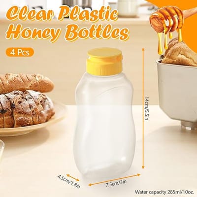 Honing knijpfles - Honingpot - Honing Voorraadpot - Honing dispenser - navulbaar - Pers Type - Geschikt voor voor honing, ketchup, saladedressing, jam - 4 stuks - 285 ml