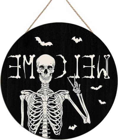 Houten Skelet Decoratie voor Halloween - Hangende Welkom Deurhanger en Wanddecoratie voor Binnen en Buiten, 20x20cm, Zwart