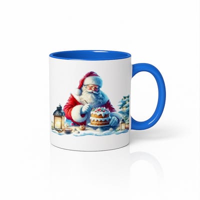 Santa Bakt Taart Kerstmok 330ml Blauw-Wit – Feestelijke Holiday Kerstman Koffiebeker