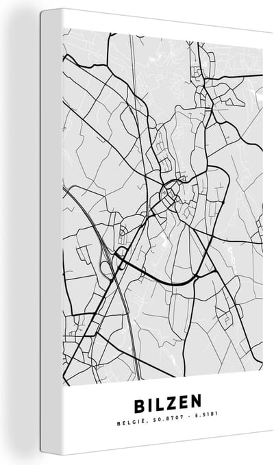 Canvas Schilderij Zwart Wit – België – Plattegrond – Stadskaart – Kaart – Bilzen - 20x30 cm - Wanddecoratie