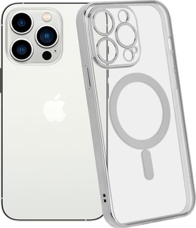 ShieldCase telefoonhoesje geschikt voor Apple iPhone 14 Pro hoesje transparant Magneet metal coating - zilver - Backcover case doorzichtig - Shockproof hoesje - Met oplaad ring