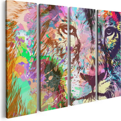 Artaza Canvas Schilderij Vierluik Gekleurde Leeuw - Abstract - 80x60 cm - Wanddecoratie Woonkamer - Schilderijen - Muurdecoratie