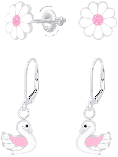 Joy|S - Zilveren oorbellen - set 2 paar - Zwaan oorbellen leverback sluiting - Bloem madelief oorbellen glitter wit screwback sluiting