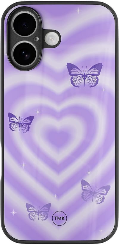 Hoesje geschikt voor Apple iPhone 16 - Vlinders retro paars - Paars - TPU luxe case (glossy toplaag) - Print - Hardcase backcover zwart