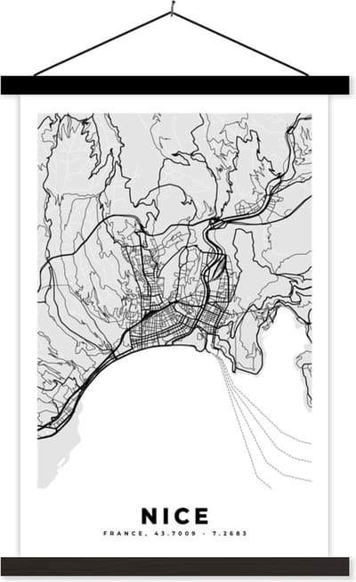 Posterhanger incl. Poster 40x60 cm - Schoolplaat - Kaart - Frankrijk - Stadskaart - Plattegrond - Nice - Textielposter - Zwarte latten - Stadskaart