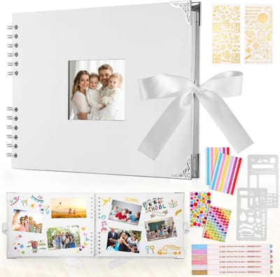 Fotoalbum, wit, scrapbooking, album, 29,5 x 21 cm, plakboek, met 6 metalen pennen, voor 160 foto's, gastenboek voor verjaardag en bruiloft (wit)