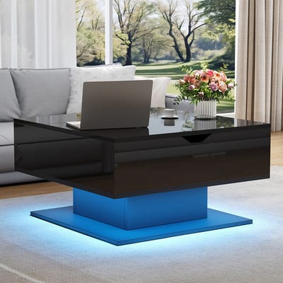 Pugsdrly Salontafel 80*77*40 cm met hydraulische hefinrichting, glanzende salontafel, salontafel met opbergruimte, halfopen opbergruimte, geometrische salontafel, ergonomische bijzettafel voor de woonkamer, zwart