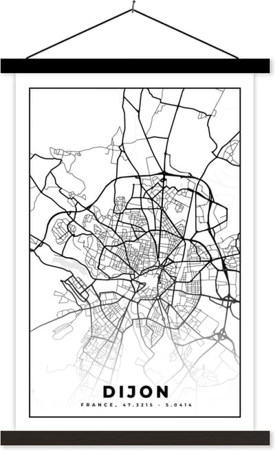 Posterhanger incl. Poster 40x60 cm - Schoolplaat - Frankrijk - Dijon - Plattegrond - Stadskaart - Kaart - Zwart wit - Textielposter - Zwarte latten - Stadskaart