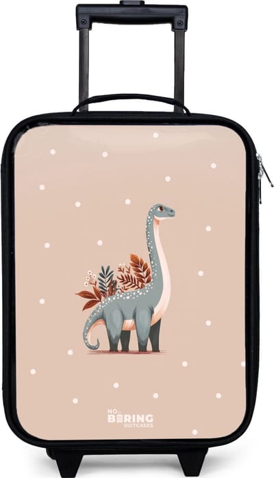 NoBoringSuitcases.com® - Kinderkoffer jongen - Kindertrolley meisje - Blauwe dinosaurus op een beige stippenachtergrond - Koffer kind lichtgewicht - Reiskoffer trolley voor kinderen - Koffertje met lichtgevende wieltjes - Rolkoffer zwart