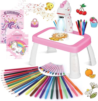 Aura® Tekenprojector Kinderen - Tekenprojector - Kinder Tekenprojector - met Tafeletje - Roze - 10cm x 39cm x 33cm