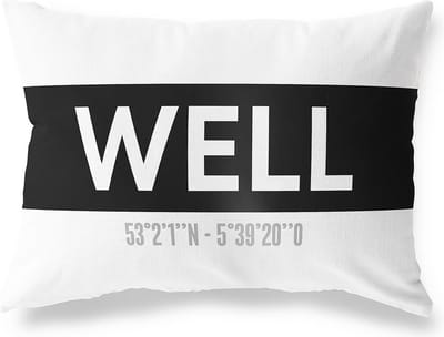 Tuinkussen WELL - GELDERLAND met coördinaten - Buitenkussen - Bootkussen - Weerbestendig - Jouw Plaats - Studio216 - Modern - Zwart-Wit - 50x30cm