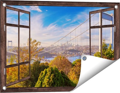 Gards Tuinposter Doorkijk Bosphorus Brug in Instanbul - 60x40 cm - Tuindoek - Tuindecoratie - Wanddecoratie buiten - Tuinschilderij