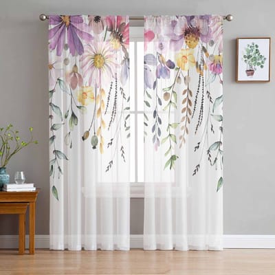 Planten Wilde Bloemen Bladeren Zomer Pastorale Bries Raam Tule Gordijnen voor Woonkamer Hotel Luxe Decoratie Transparante Gordijnen 135W x 114H(cm) white