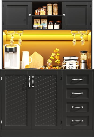 Buffetkast - 120x40x188cm - Modern met LED - Snackrek en Bekerhouder - Hout - Zwart
