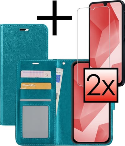 Hoesje - Met 2x Screenprotector - Geschikt voor Samsung Galaxy A16 - Luxe Pasjeshouder - Bookcase Portemonee - Flip Case - Kunstleer Book Case - Flipcase Hoes - Book Cover - Walletcase - Portemonneehoes - Turquoise