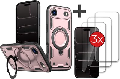 Hoesje Geschikt voor iPhone 17 Air met 3 Stuks gehard glas Screenprotector - Armor hoes met Ringhouder - Arara backcover - Rosegoud