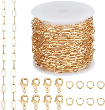 Beebeecraft 1 rol 16,4 voet/5 m paperclip ketting voor sieraden maken 18K vergulde messing kabel ketting met 10 stuks kreeft gesp 50 stuks open springring voor ketting armband maken kits doe-het-zelf