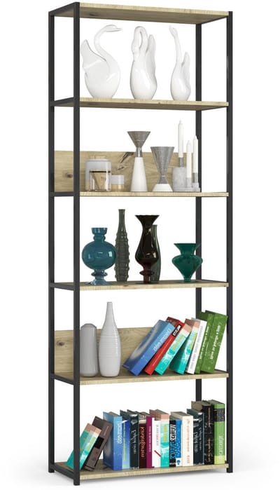 Open Boekenkast, Ladderkast, Loft Design / Metalen Vakkenkast met 6 Planken / Opbergplank / Boekenrek Opslagrek / Zwart - Artisan Eik / 70 x 192 x 32 cm