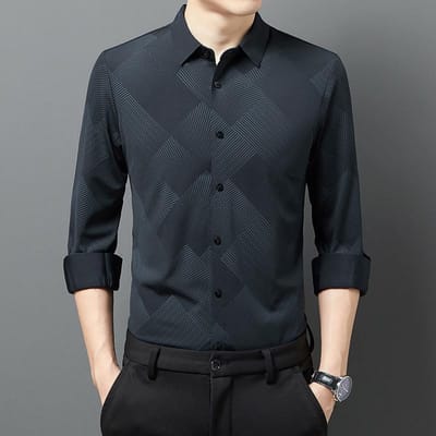 Shirt Heren Lange Mouw Herfst Mode Casual Zakelijk Los Revers Ruitjeshemd Top 3XL black