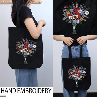 Borduurpakket Canvas Tas Bloemmotief voor Beginners - Doe-het-zelf Handwerk Kwaliteit