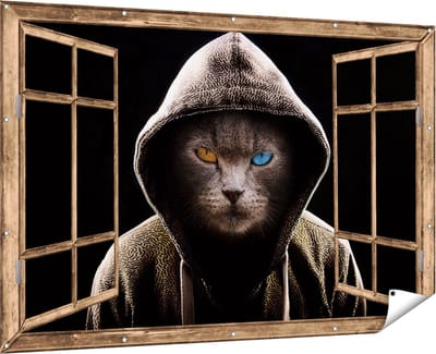 Gards Tuinposter Doorkijk Boze Kat Draagt een Hoodie - 180x120 cm - Tuindoek - Tuindecoratie - Wanddecoratie buiten - Tuinschilderij