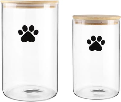 Set van 2 glazen voercontainers voor honden en katten, met bamboe deksel, luchtdichte opslag voor hondenkoekjes en snacks, ideaal voor huisdieren