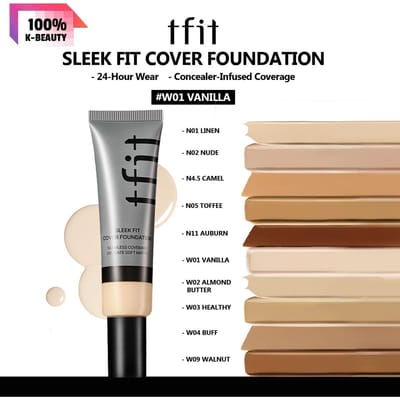 TFIT SLEEK FIT COVER FOUNDATION 30g W01-W04/W09, Zijdezachte Matte Textuur, Matige Dekking, Langdurig Effect, Koreaanse Cosmetica, Koreaanse Make-up W01 VANILLA beige