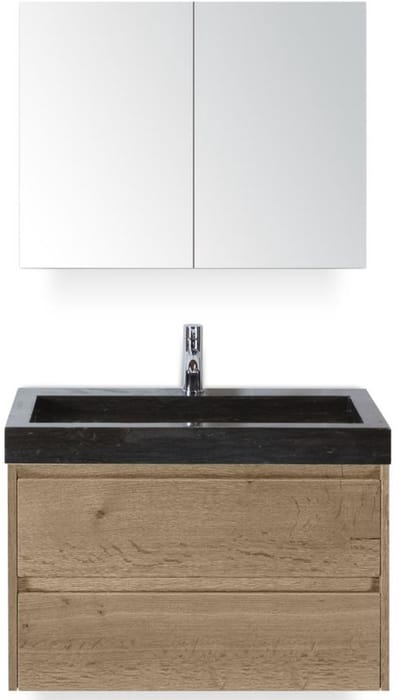 Dante Badmeubelset 80 cm - Natuur Eiken - Wastafel Hardsteen Wit Lucca met Spiegelkast