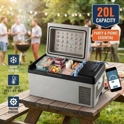 Een must-have voor camperkamperen, buitenfeesten en picknicks: 20L mini-compressor koelbox, draagbare autokoelkast/vriezer, 12/24V DC 230V AC gekoelde container, perfecte opslag voor voedsel, fruit en