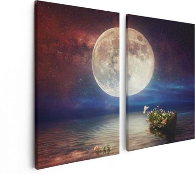 Artaza Canvas Schilderij Tweeluik Volle Maan in de Hemel boven het Water - 80x60 - Foto Op Canvas - Canvas Print