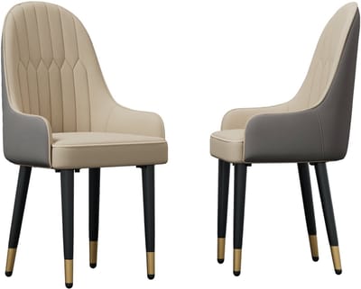 FATIVO Eetkamerstoelen Set van 2 – Microfiber Leer – Met Hoge Rug – Zwarte Metalen Poten – Lichtkaki & Grijs - Draagvermogen 150 kg