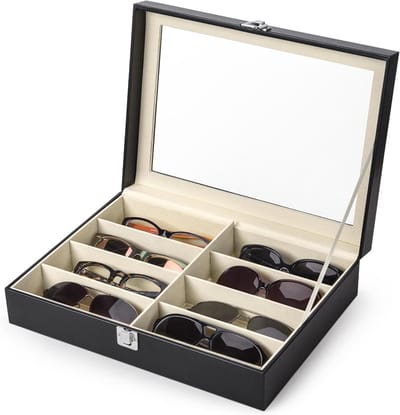 Kunstlederen zonnebrillen opbergdoos - 8 sleuven - zonnebril organizer - heren en dames - brillen eyewear doos met slot
