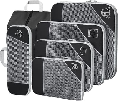 Famanu – 6-delige compressiepackingcubes, zwarte, uitschuifbare, ultralichte packingcubes voor koffers, set kofferorganizers, reistassen, packingcubes voor koffers en rugzakken.