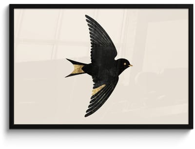 Poster in lijst - Fotolijst 90x60 cm - Posters - Zwarte zwaluw - Gouden accenten - Lichte achtergrond - Posterlijst zwart - Decoratie - Wanddecoratie woonkamer - Muurdecoratie slaapkamer
