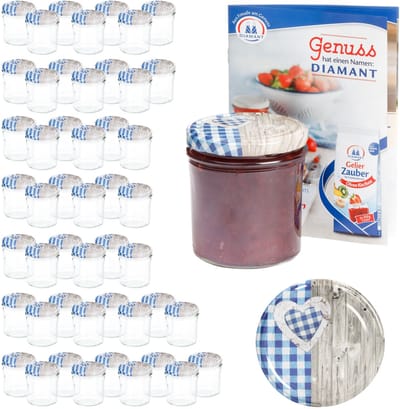 50-delige set sturzglas 350 ml tot 82 deksel houten hart blauw incl. diamant gelierzauber receptenboek