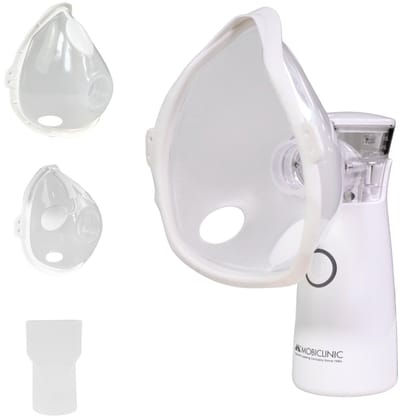 Mobiclinic Nebumobi1 - Aerosoltoestel - Vernevelaar - Draagbare met masker - Inhalator - Nebulizer - Zeer stil - Met mondstuk, mondkapje voor volwassenen en mondkapje voor kinderen - Wit