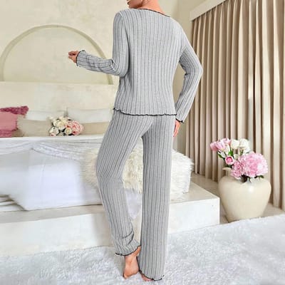 Dames Pyjama 2-delig Dames Pitstreep Gebreid Lange mouw V-hals Top Broek Pak Winter Casual Warmende Nachtkleding Huiskleding XL gray