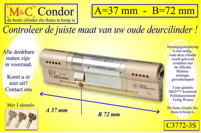 M&C Condor - High Security profielcilinder - SKG*** - 37x72 mm - Politiekeurmerk Veilig Wonen  -  inclusief gereedschap montageset en hangslot kaars