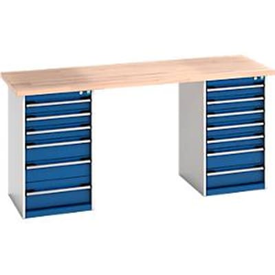 Bott Cubio werkbank, stalen frame/Stalen romp, B 2000 x D 750 x H 940 mm, beuken werkblad, 13 laden, afsluitbaar, lichtgrijs/enzianblauw