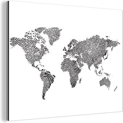 Aluminium schilderij 160x120 cm - Wanddecoratie metaal - Wereldkaart - Vingerafdruk - Zwart - Wit - Metalen muurdecoratie woonkamer - Decoratie industrieel - Foto op dibond - Industriële accessoires slaapkamer