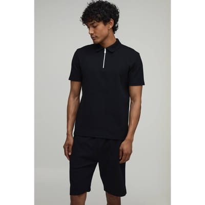 Slim Fit Waffle Polo & Short Set | Black | Size XS